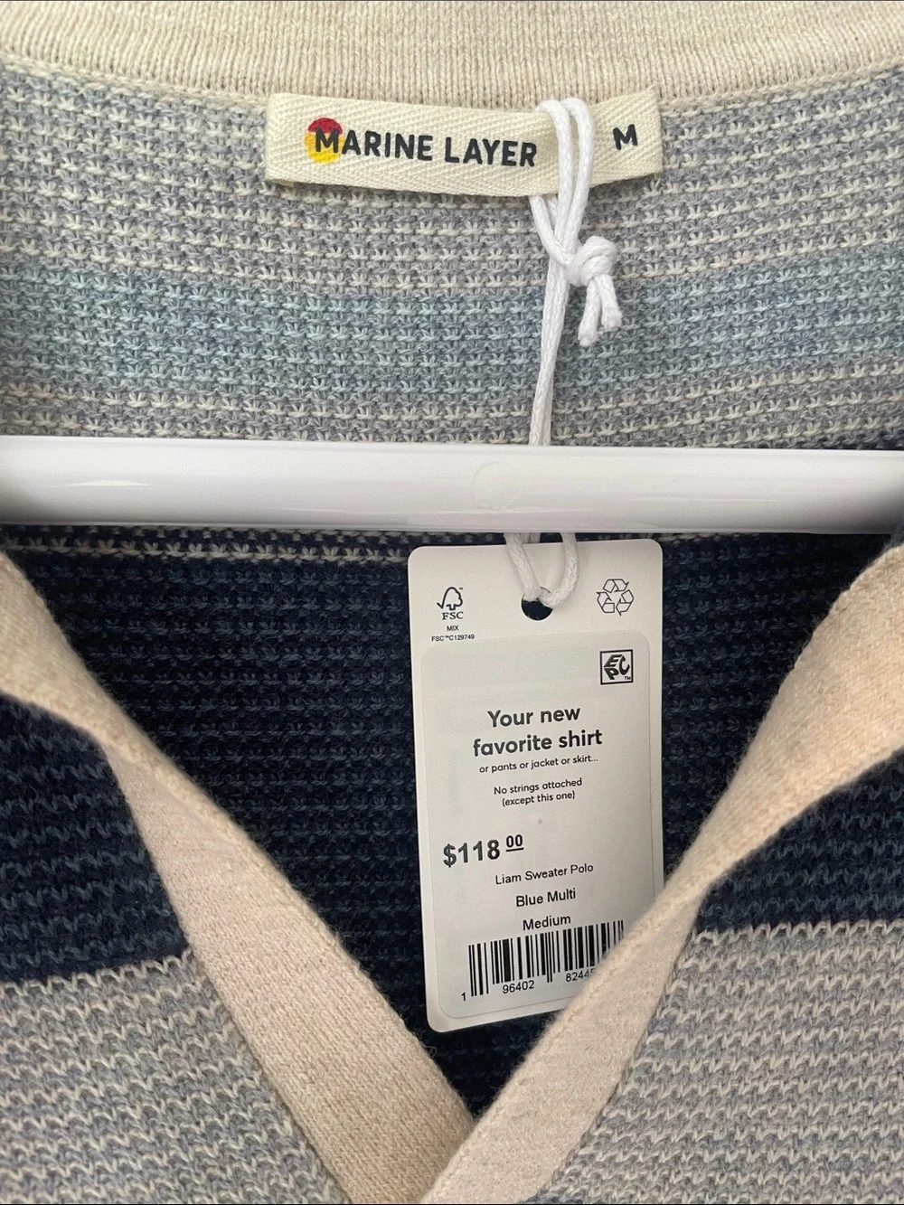 Marine Layer Men's Short-Sleeve Striped Polo in Navy, Light Blue & Beige - Picture 3 of 4